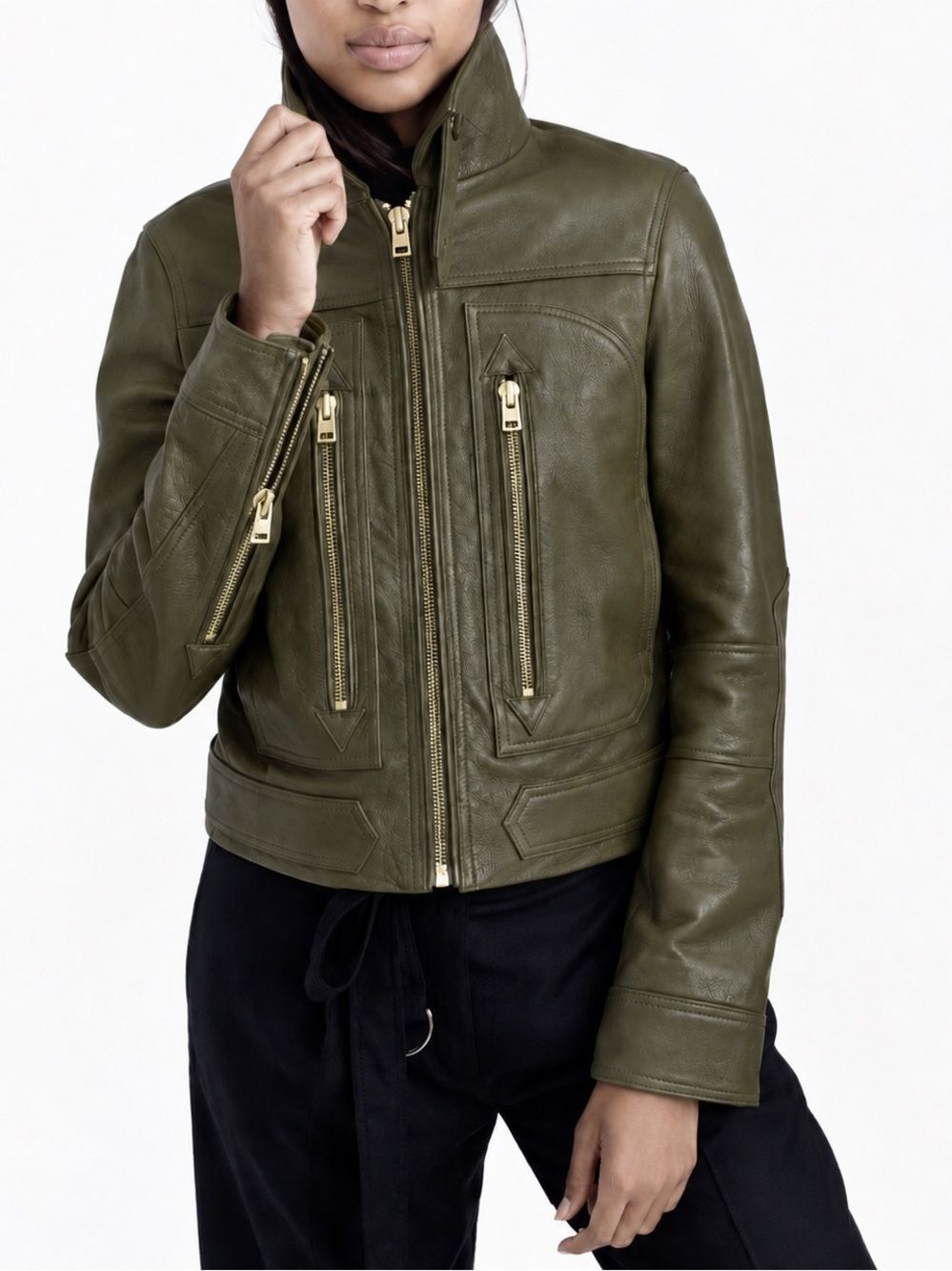 J. Crew Collection Olive Green Leather Motorcycle Jacket Women's Sz. 0